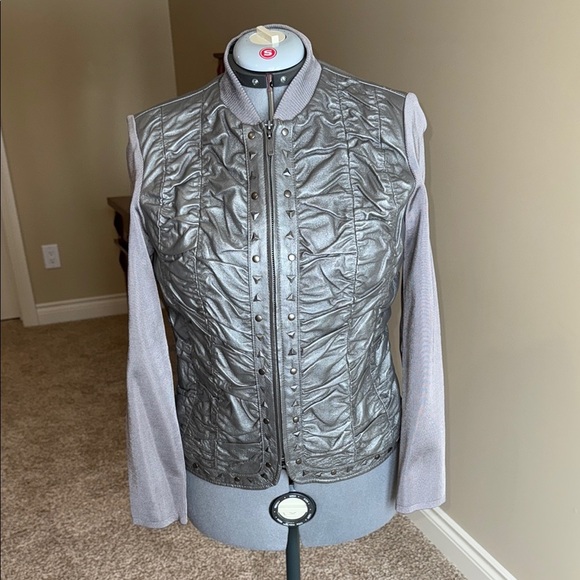 Peter Nygard Leather Jacket Silver Gray Bomber with Quilted/Ruched Front Design - Picture 1 of 10
